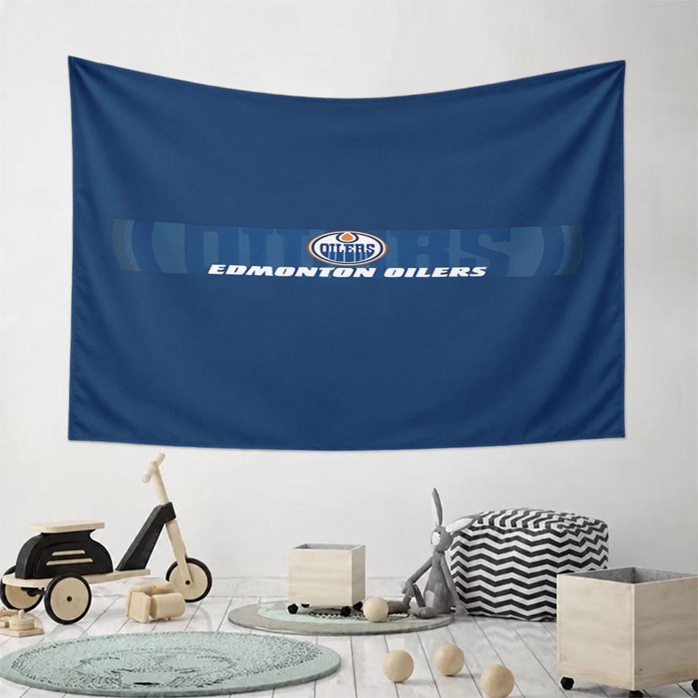 Edmonton Oilers Logo on Blue Pattern Wall Hanging Tapestry Decorative Tapestry Home Decor for Bedroom and Living Room