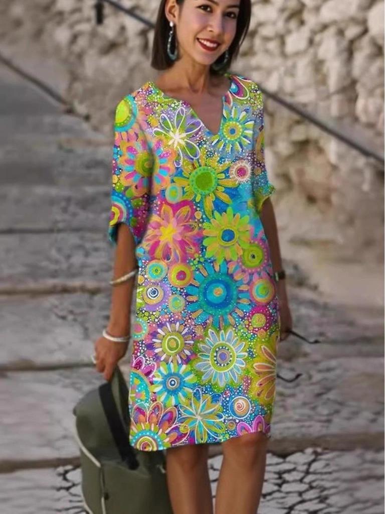 2025 Ретро Художественное Платье с V-образным вырезом, свободного кроя, с рукавами пять четвертей, большого размера