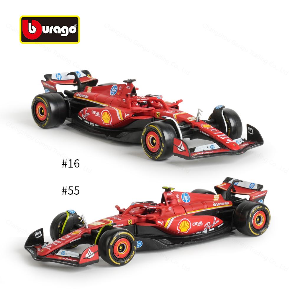 Ббураго 1:43 Ferrari SF24 2024 Гран-при Майами Формула-1 Гоночный автомобиль Статическая симуляция Литье под давлением Сплав Модель автомобиля Акриловая коробка