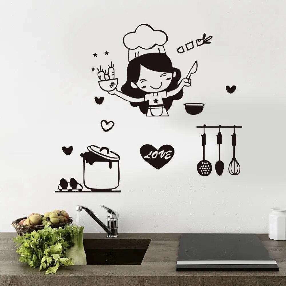 Cartoon Happy Girl Chef Sticker Black Kitchen Decal Easy Clean Loves Cooking Wall Sticker Kitchen