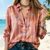 Women Satin Stripe Bow Star Print Shirt Long Sleeve Lapel Button Down Blouse Beach Vacation Casual Ladies Multi Color Top