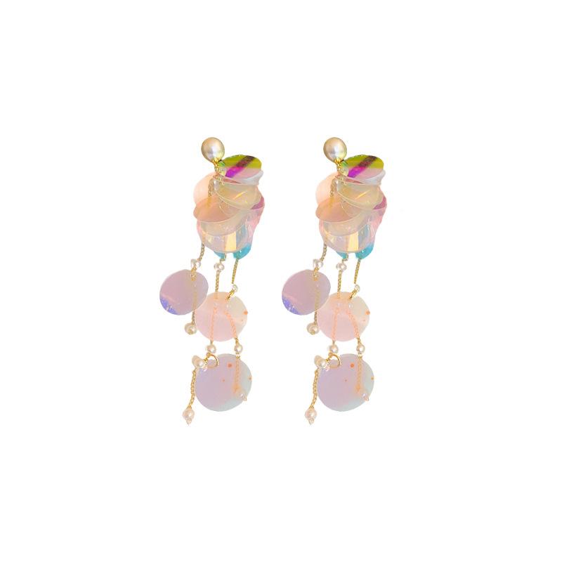 Silver Needle Color Sequins Pearl Fringed Earrings Fashion Personality Long Earrings Sweet and Fresh Mori Earrings