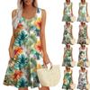 Women's Summer Casual Square Neck Floral Print Sleeveless Dress With Pockets