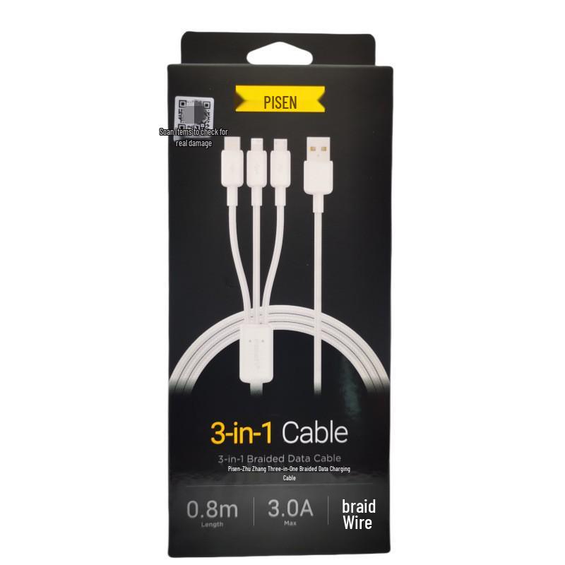 Pisen 100W USB-C 3-in-1 Braided Fast Charging Cable, Customizable with Logo.