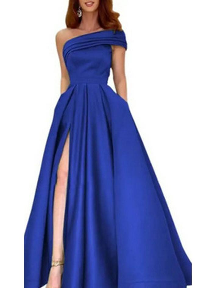 Зеленое атласное вечернее платье на одно плечо с высоким разрезом - идеально для вечеринок и дней рождения