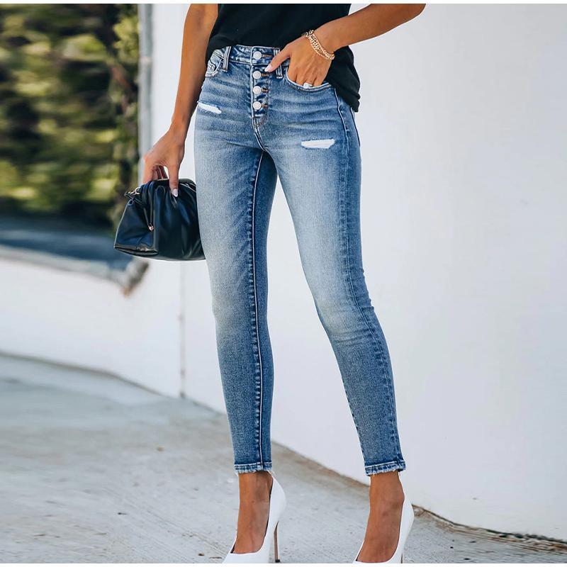 Женские облегающие джинсы с высокой талией, летние длинные джинсовые брюки с несколькими пуговицами и перфорацией, высокоэластичные офисные женские джинсы