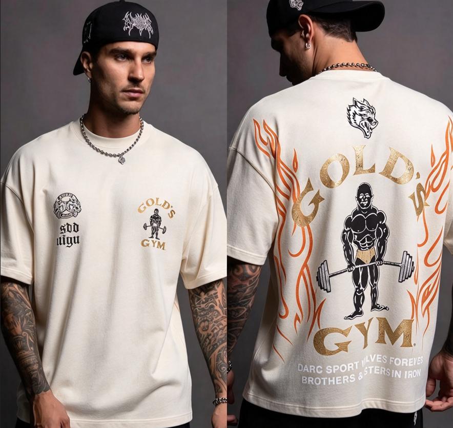 Unisex Gold's Gym Oversized T-Shirt, Front & Back Bodybuilder Flame Graphic, Short Sleeve Tee, Bodybuilding Casual Workout Top