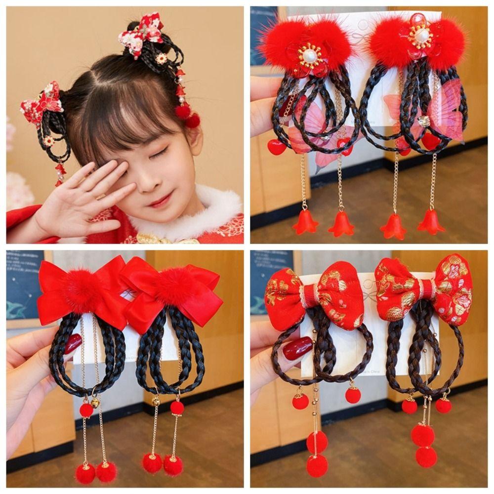 2 шт. головной убор ханьфу, новогодний головной убор в китайском стиле, красный парик, заколка для волос, детская заколка для волос