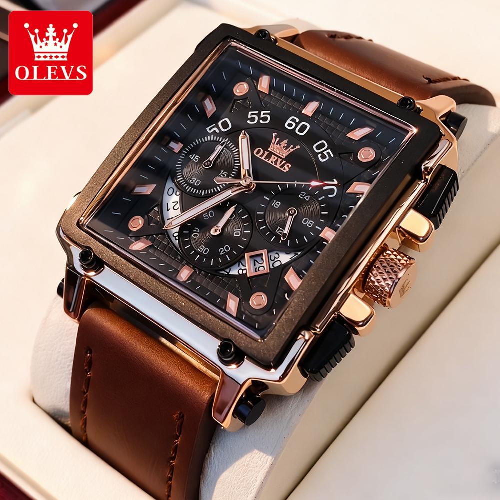 OLEVS Men's Watches Luxury Fashion Leather Strap Square Quartz Wristwatch for Man Waterproof Luminous Date Chronograph New reloj
