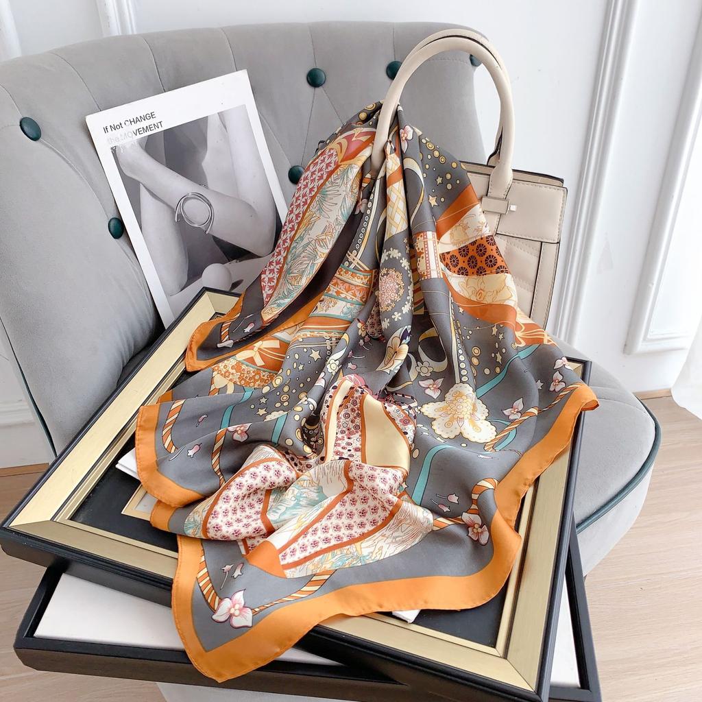 Silk Scarf Female Stripe Black and White Printing Spring and Summer New Decoration Simple Fashion Simulation Silk Square Scarf