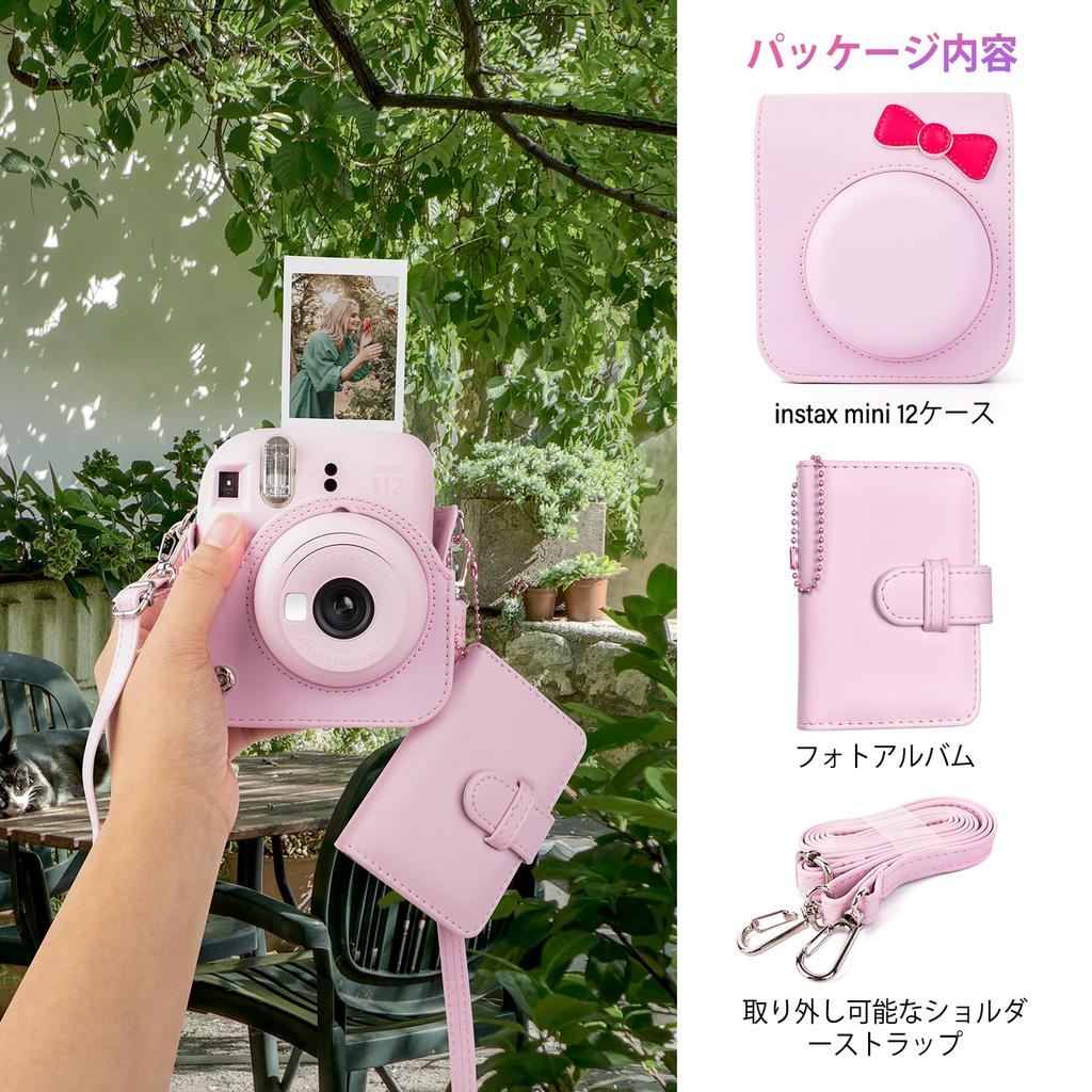 HIYQIN Cheki Case instax mini 12 Fujifilm Cheki 12 Case and 28 Photo Album Set Cheki mini 12 Camera Case with Shoulder Strap PU Leather Pink "Cute