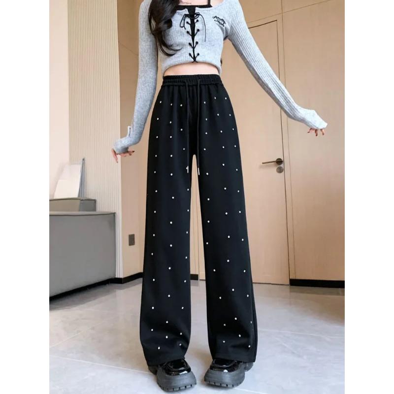 Heavy Industry Hot Diamond Wide Leg Pants for Women's Spring New Casual High Waist Loose Straight Tube Drop Floor Dragging Pants