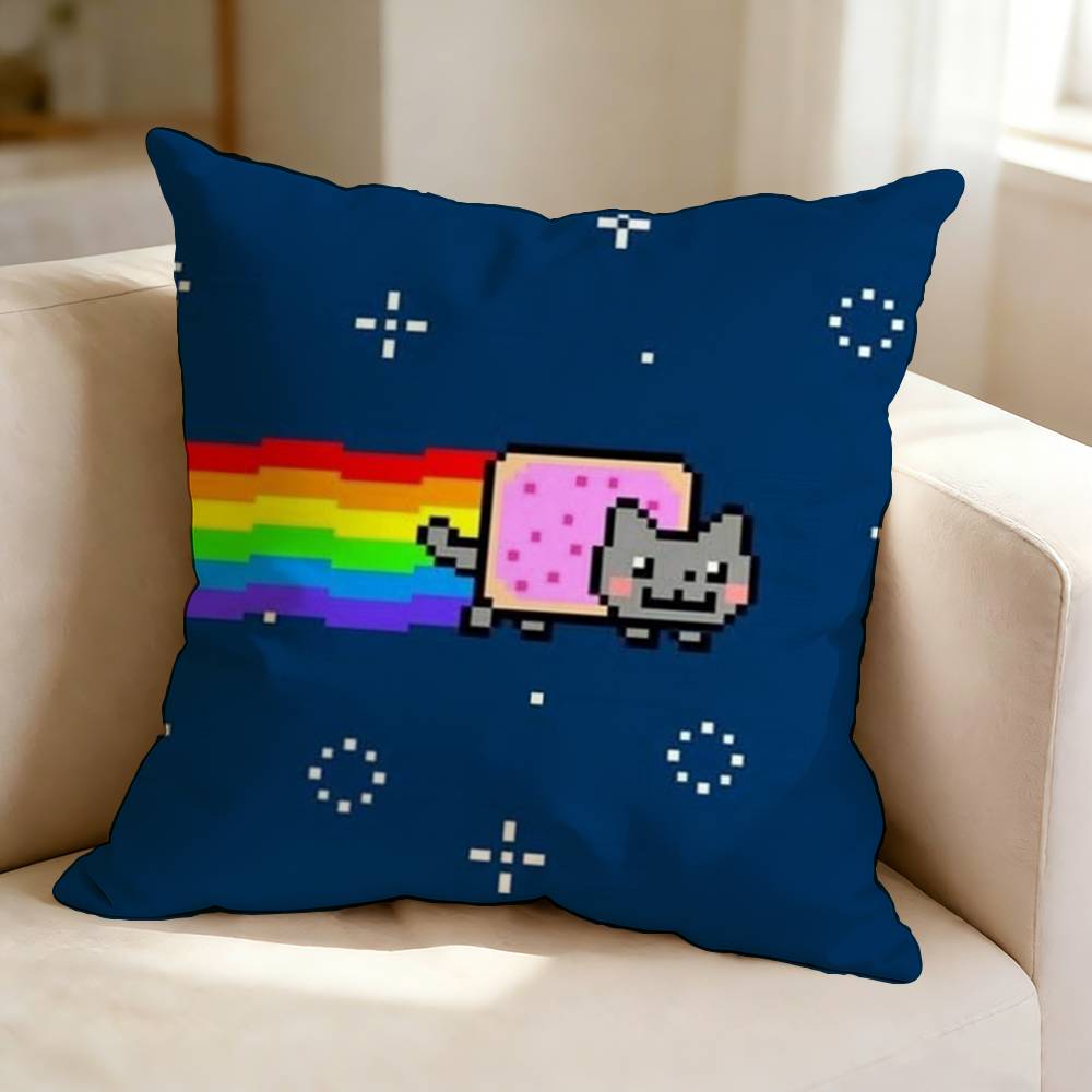 PixelArt Cartoon NNyan CCat Square DoubleSided printed Pillow Case Bedroom Bedside Pillow Sofa Cushion Cover