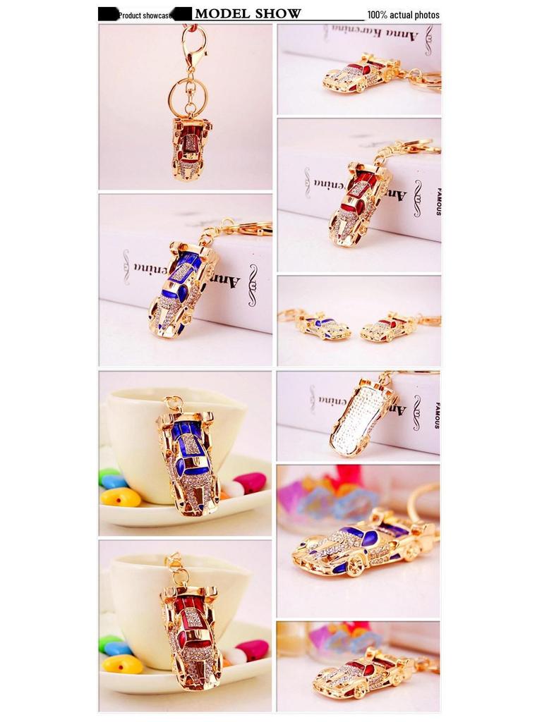 Очаровательный брелок со стразами в виде спортивного автомобиля: Милая металлическая модель подвески, идеальный подарок для рукоделия