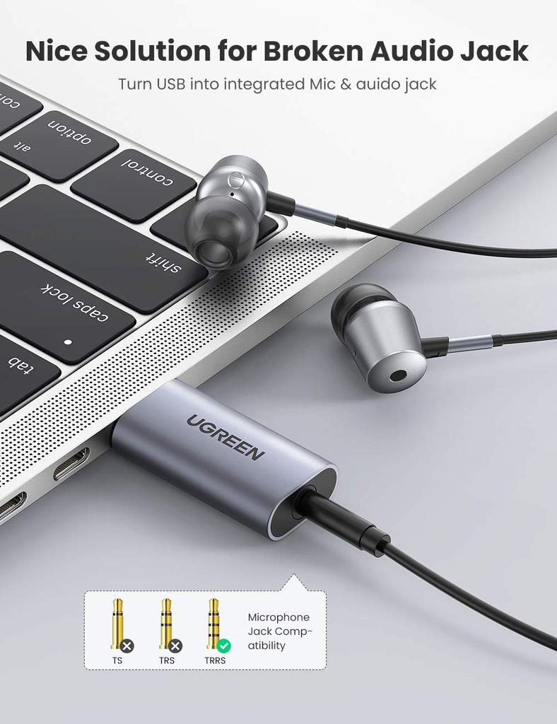 Внешняя звуковая карта UGREEN USB на разъем для наушников TRRS со встроенным микрофоном и прямым подключением наушников. Идеально для Raspberry, Windows и других. 3,5 мм