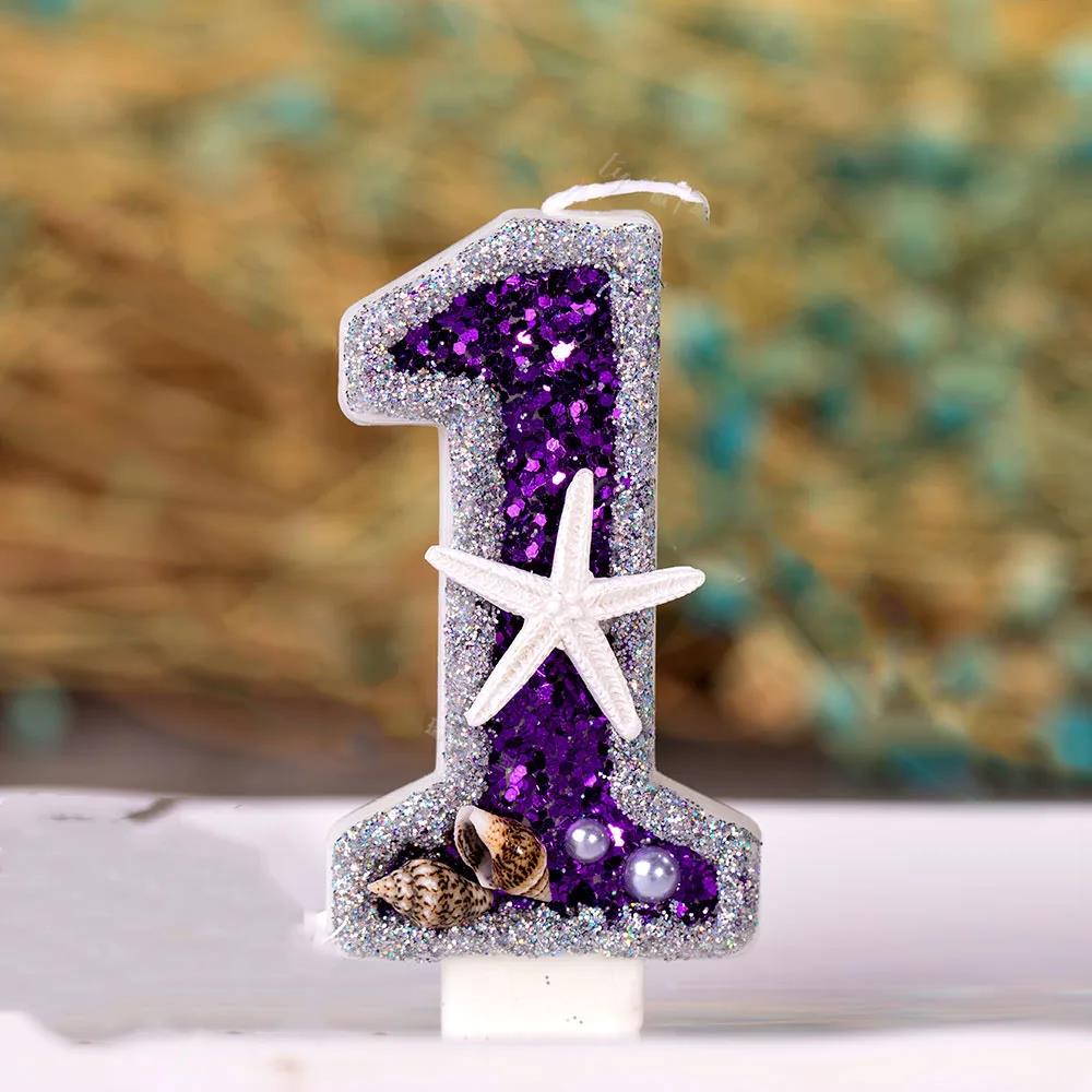Birthday Candle 1 Year Mermaid Birthday Candle for Cake Sparkly Blue Seafish Candle Topper for Party Decorations Supplies 1
