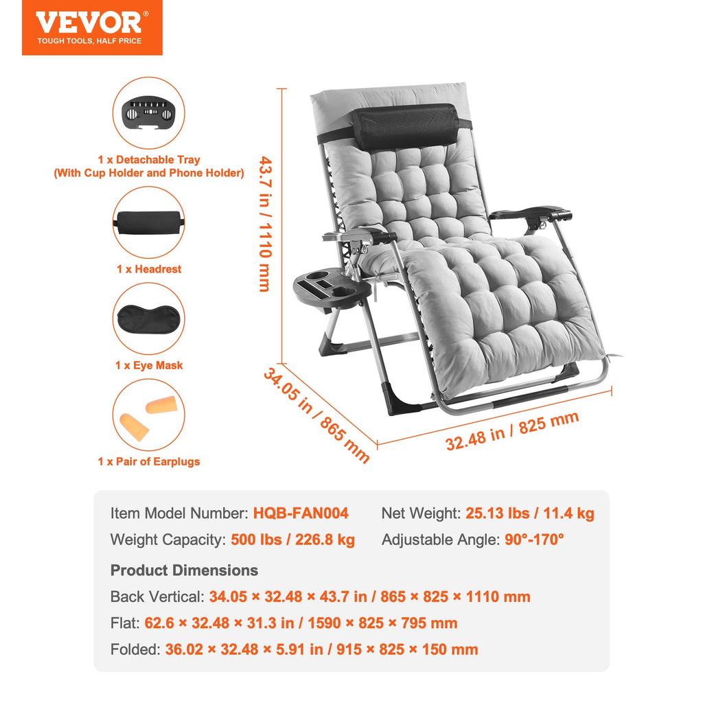 VEVOR Zero Gravity Chair, 33 inch Zero Gravity Recliner Lounge Chair for Indoor and Outdoor, Adjustable Anti Gravity Chair with Cushion, Headrest