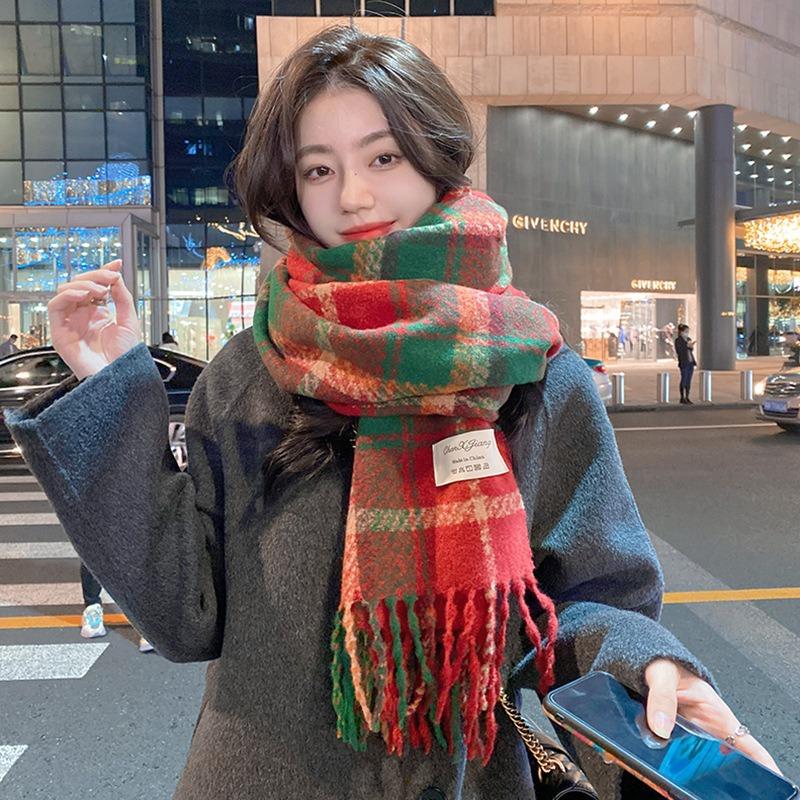 Christmas Atmosphere New Red Plaid Scarf Women's Winter Versatile Thickened Senior Sense Students Keep Warm