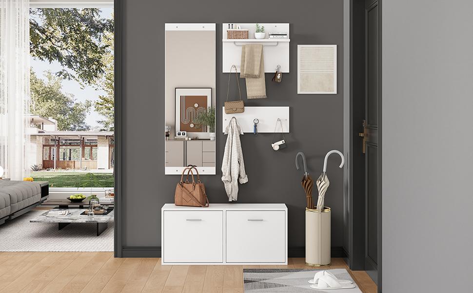90*30*41.5cm 4-Piece Coat Rack Set with Mirror, 2 Hat Shelves and Shoe Cabinet, Compact Coat Rack with 6 Coat Hooks, White