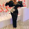 Classy Ladies Long Black Dresses Velvet Sequins Embroidered Chest Wrapped Puff Sleeve Dress