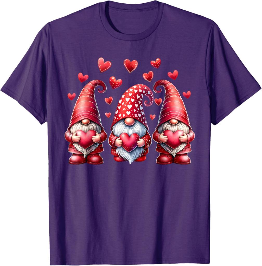 Pink Valentine Gnomes with Hearts Graphic Print Cotton T-Shirt Casual Daily Tee for Women Men