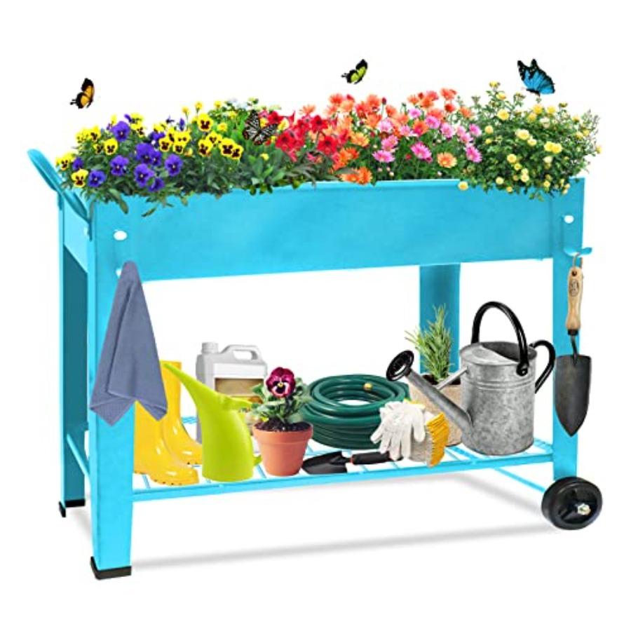 Raised Planter Box Beds with Wheels Legs Elevated Garden Bed for Indoor Outdoor Large Metal Mobile Planter Box with Bottom Shel