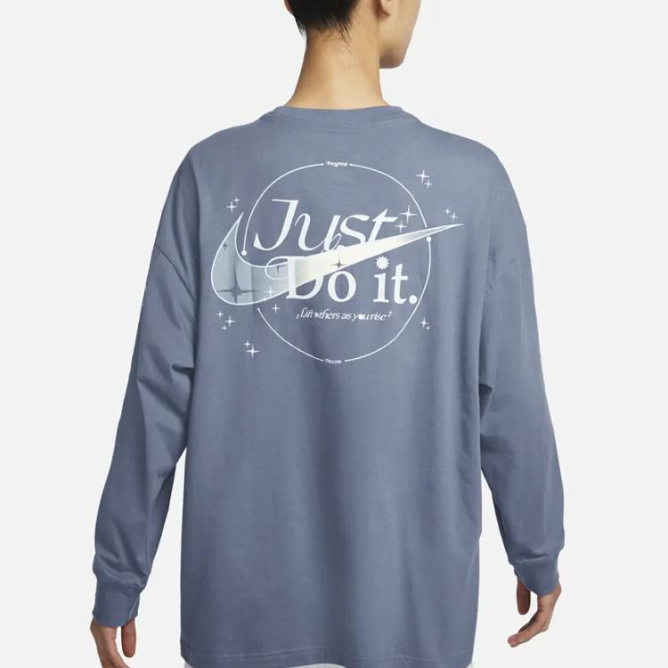Nike Solid Color Logo Print Letter Round Neck Loose Long Sleeve T-Shirt Women Tops Finn-Blue DX7935-425