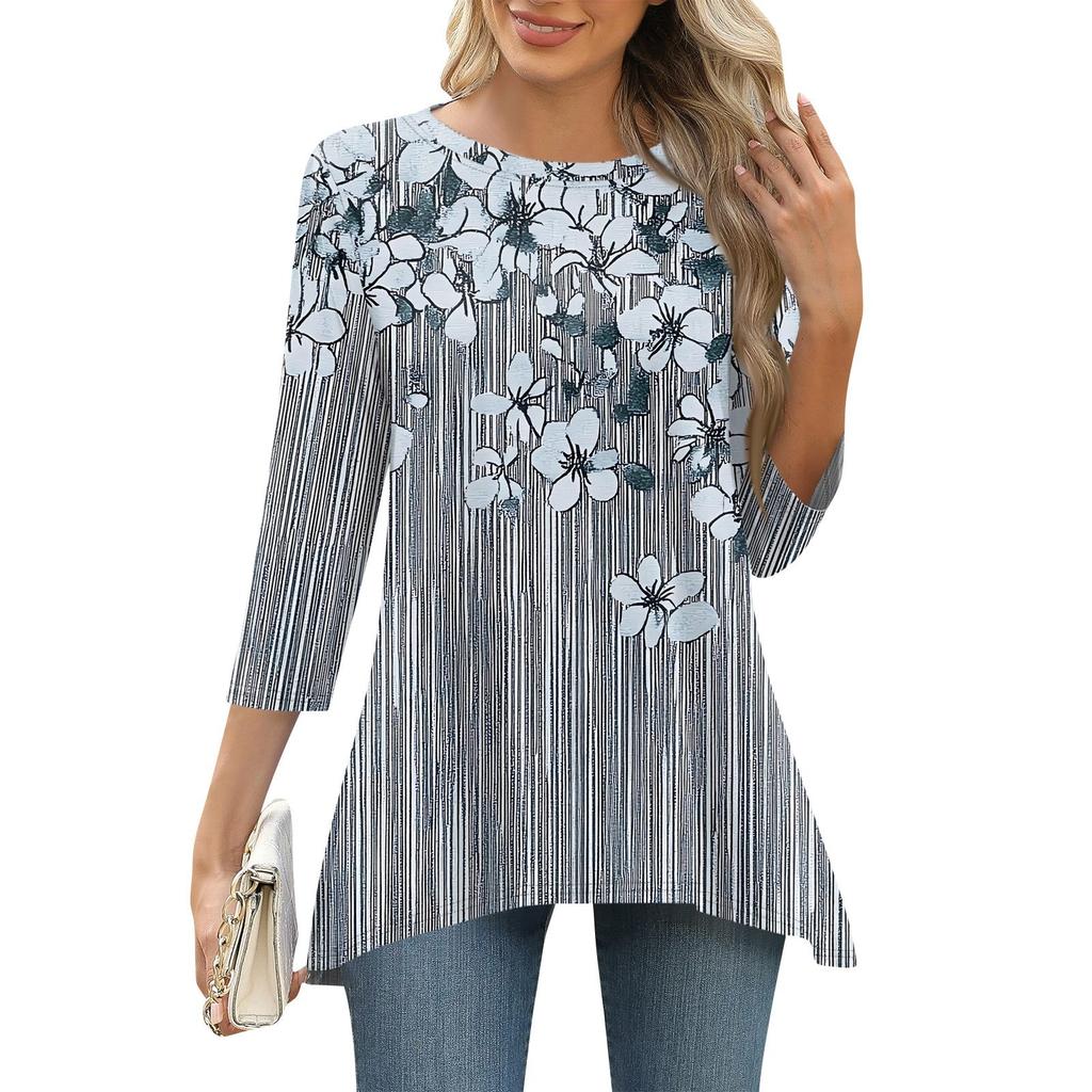 3/4 рукав туника топы для женщин принтованный повседневный выходной свободный крой модная базовая футболка с круглым вырезом