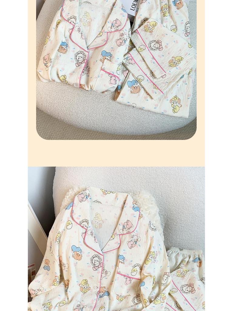 Милый пижамный комплект с принтом кота в японском стиле с длинными рукавами из хлопка для женщин - Весна/Осень