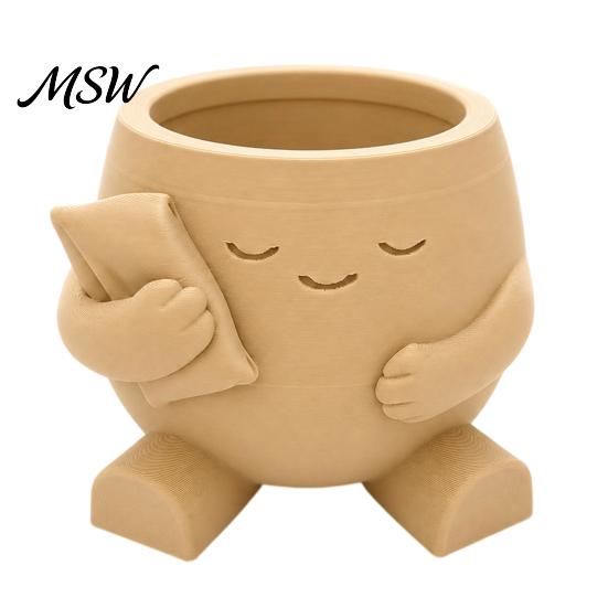 Succulent Planter Pot 3D Printed Cute Character Planter, Sleepy Face Flower with Window Sill Decorative Pillow, Mini Desktop Plant Container