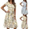 Women's Fashionable Retro Patterned Printing Color Blocked Belt Casual Dress