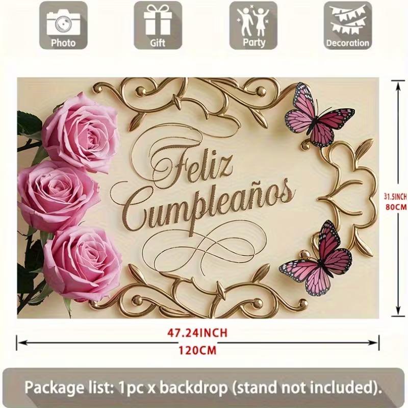 2D Feliz Cumpleaños Backdrop, Pink Rose Butterfly Birthday Party Decoration