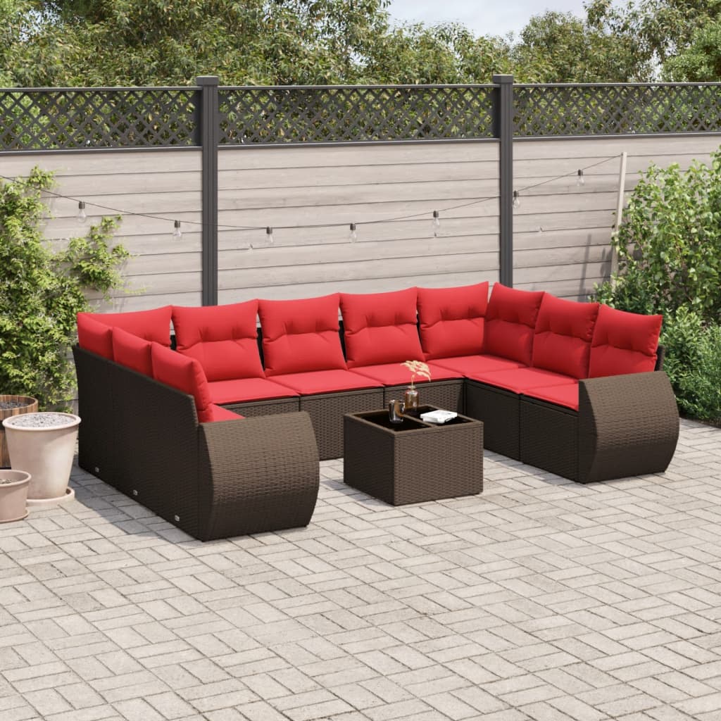 10 Piece Garden Sofa Set with Cushions Brown Poly Rattan