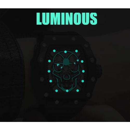 Senstone Men's Retro Punk Skull Tonneau Analog Skeleton Sports Watch with Luminous Rubber Strap and Silicone Band, Black, Casual.