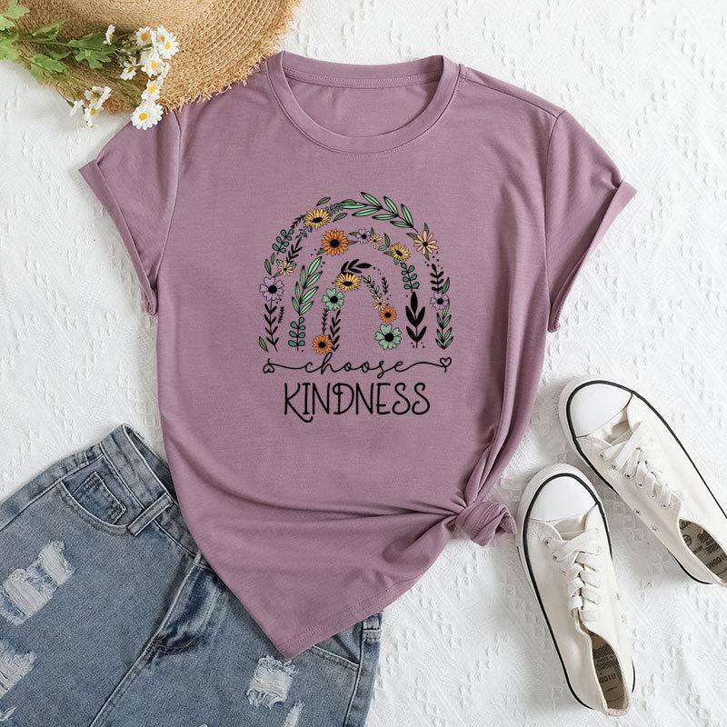Летние женские футболки свободного покроя с цветочным принтом и круглым вырезом из чистого хлопка с короткими рукавами для женщин
