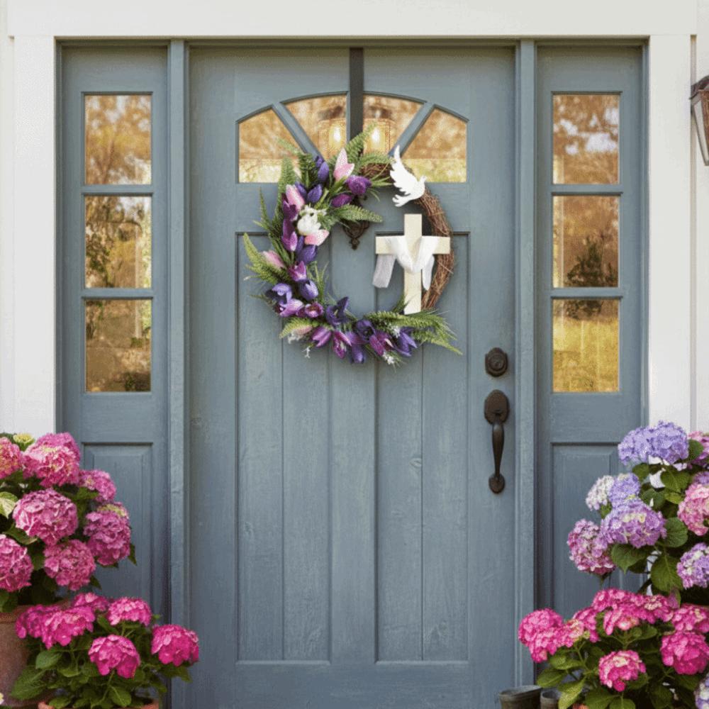 Faux Flowers Easter Tulip Cross Wreath Colorful Design Handmade Rattan Ring Garland Artificial Front Door Hanging Garlands