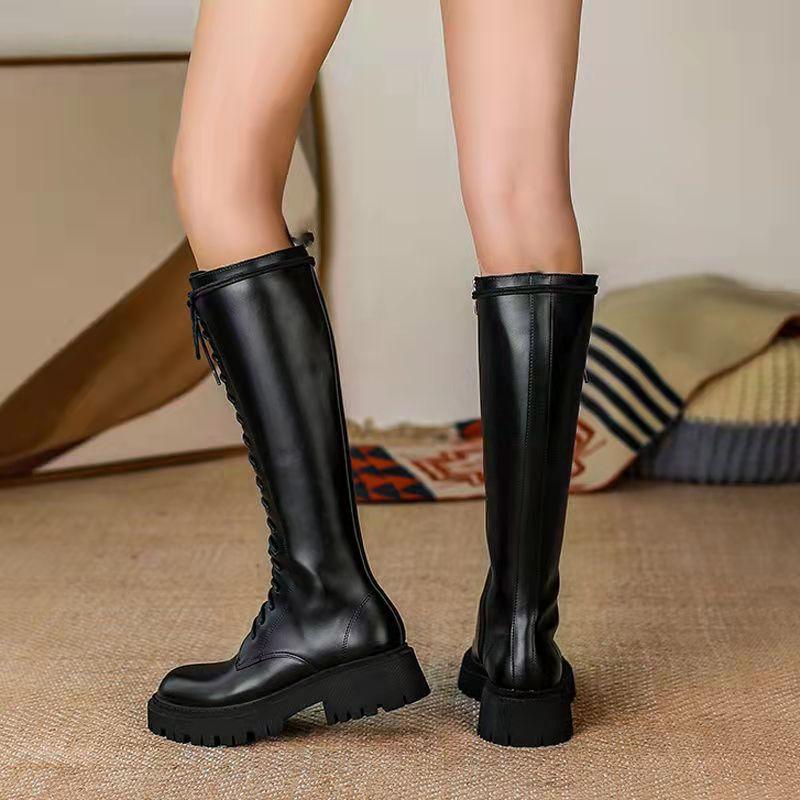 Обувь женская 2024 года, горячая распродажа, женские сапоги до колена, современные сапоги из искусственной кожи, женские, с молнией сбоку, круглым носком, на шнуровке, с ажурным каблуком, женские