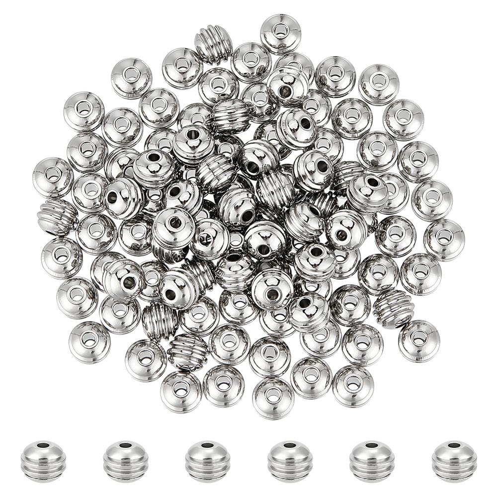 1box 100pcs 201 Stainless Steel Grooved Beads Rondelle Stainless Steel color 6x5mm Hole: 1.6mm