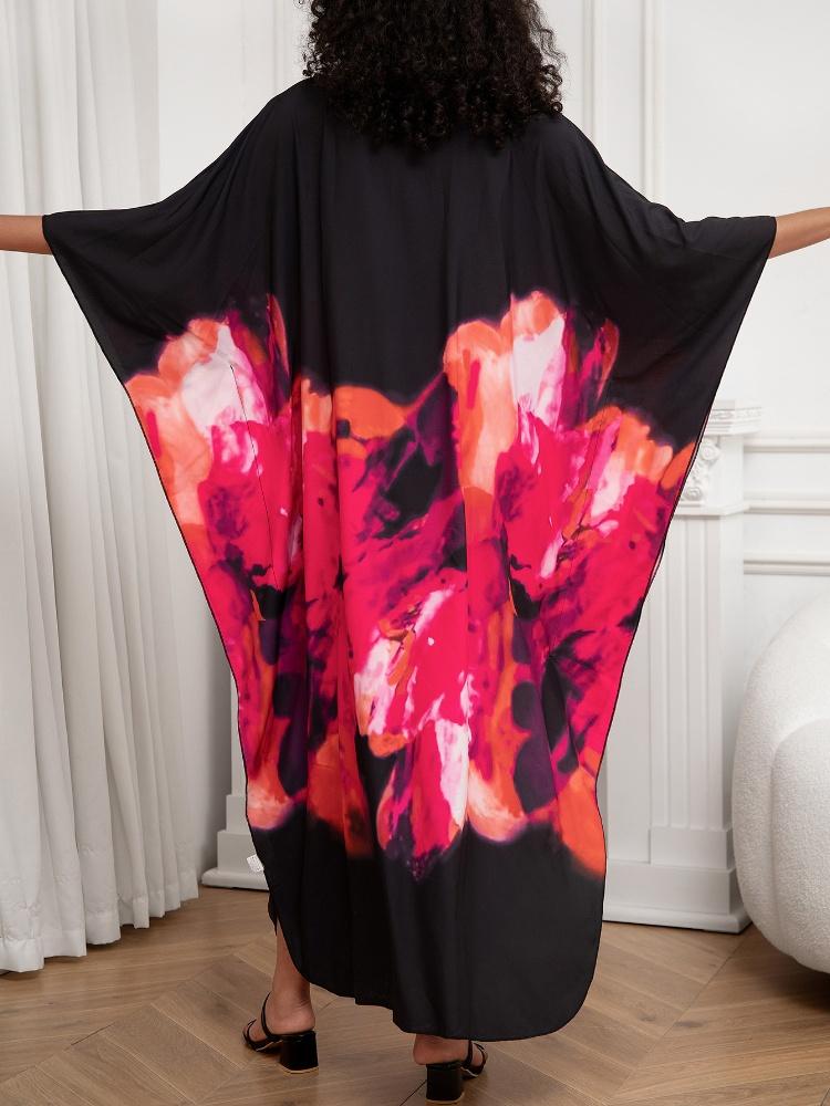 EDOLYNSA Шикарный розовый красный цветок черный женский халат кафтан свежее платье с рукавами «летучая мышь» купальный костюм прикрыть халат Q1289