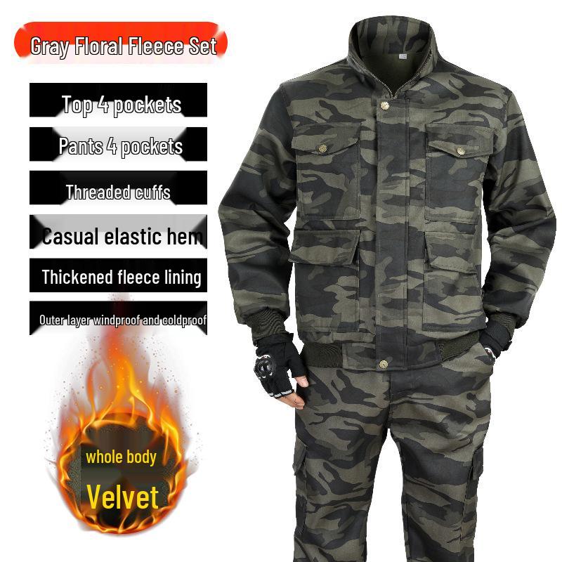 Men's Thickened Camouflage Workwear Set: Velvet-Lined, Cold-Resistant, Wear-Resistant for Welding & Auto Repair