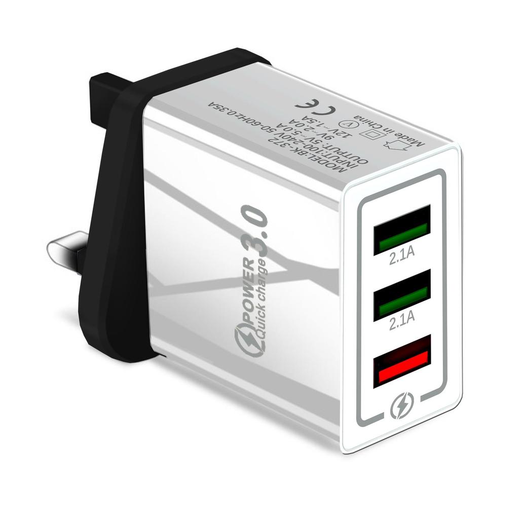 QC3.0 Multi-Port Travel Charger: 3 USB, Fast Charge 5V/9V/12V, 2.4A, US/EU Specs