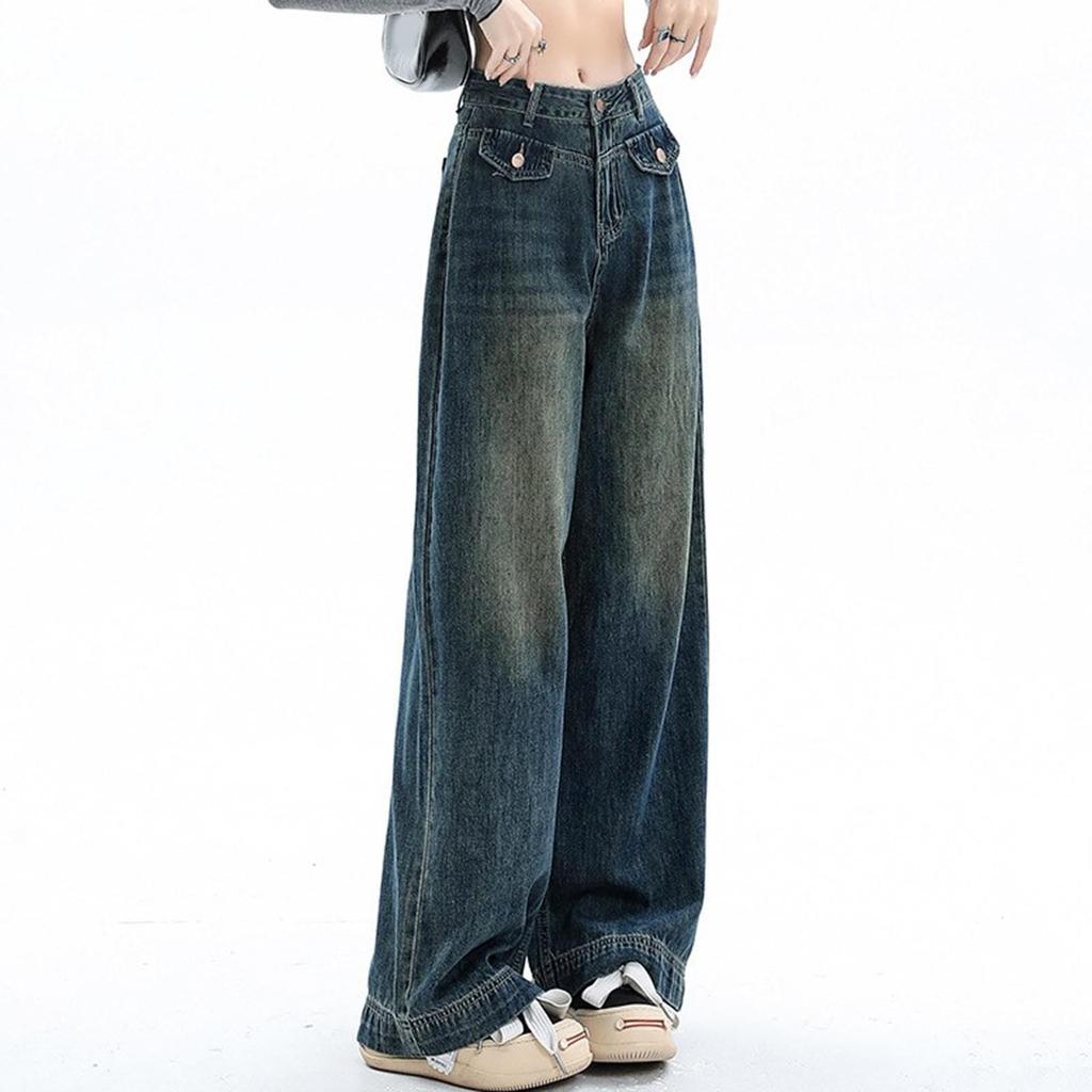 Retro Wide-leg Jeans For Women Fall High Waist Slim Loose Design Straight Floor-length Pants
