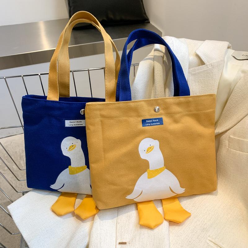 Cute Duck Canvas Tote Bag for Women, Small Handheld Shoulder Purse, Kawaii Cartoon Crossbody Bag for Daily Outings KTB