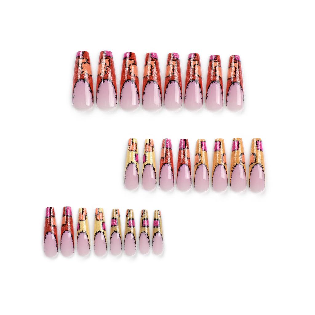 24PCS/set Quick Nails Extra Long French Ballet Manicure Stickers Warm Color Plaid Fake Nails Wearable Manicure DIY Finished Nail Stickers