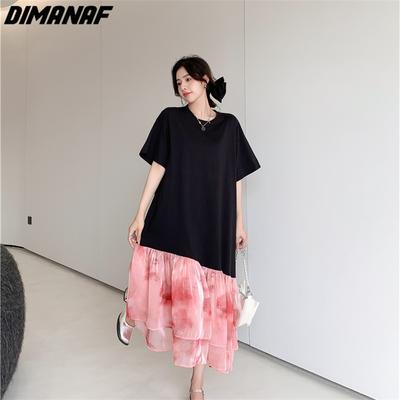 2023 Летняя футболка размера плюс, женское хлопковое свободное платье, пляжное сетчатое женское платье с круглым вырезом розового цвета