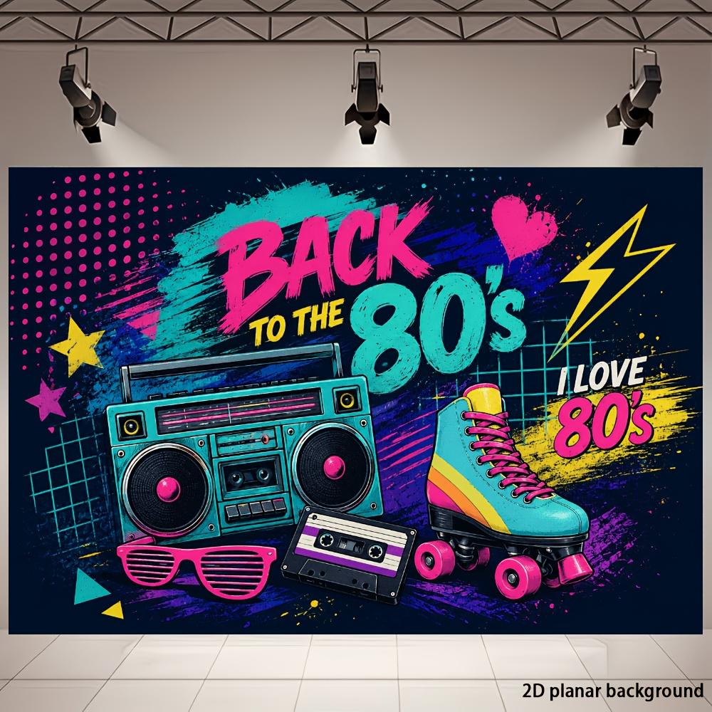1 2D flag, retro back to 80s themed party background, with cassette player, cassette tape, roller skates