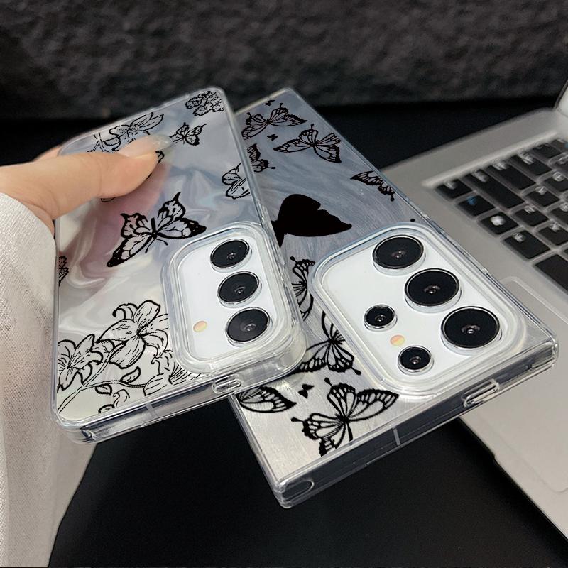Черный блестящий глянцевый чехол для телефона с принтом бабочек для Samsung S25 S24 FE S23 Ultra A56 A36 A55 A16 A15 TPU PC Hybrid противоударный тонкий прозрачный бампер