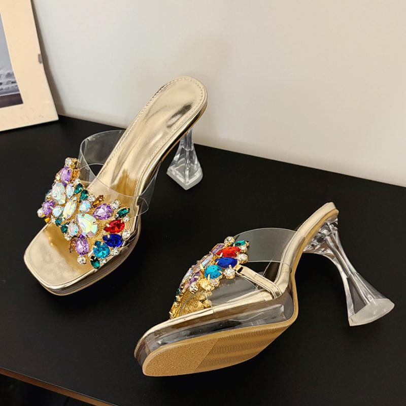 Liyke Summer Transparent High Heels Modern Slippers Women Fashion Colour Diamond Open Toe Party Stripper Shoes Platform Sandals
