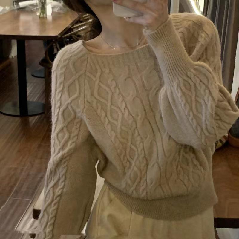 Женский свитер в стиле ретро с квадратным воротником и переплетенными спицами — свободный крой, утягивающий талию, идеально подходит для осени/зимы