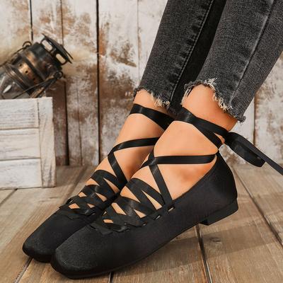 Шелковые туфли Мэри Джейн для женщин весна-осень балетки на плоской подошве со шнуровкой удобные женские туфли большой размер 43